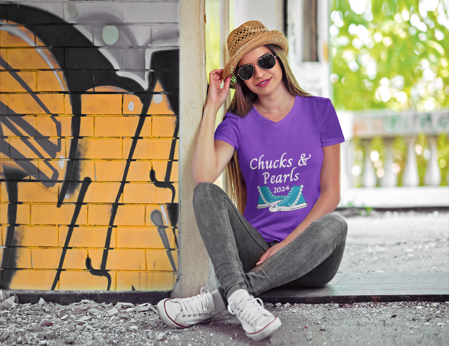 Chucks & Pearls T-shirt | Ladies V-Neck